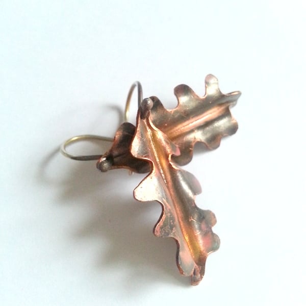 Oak leaf copper small sterling silver hook earrings