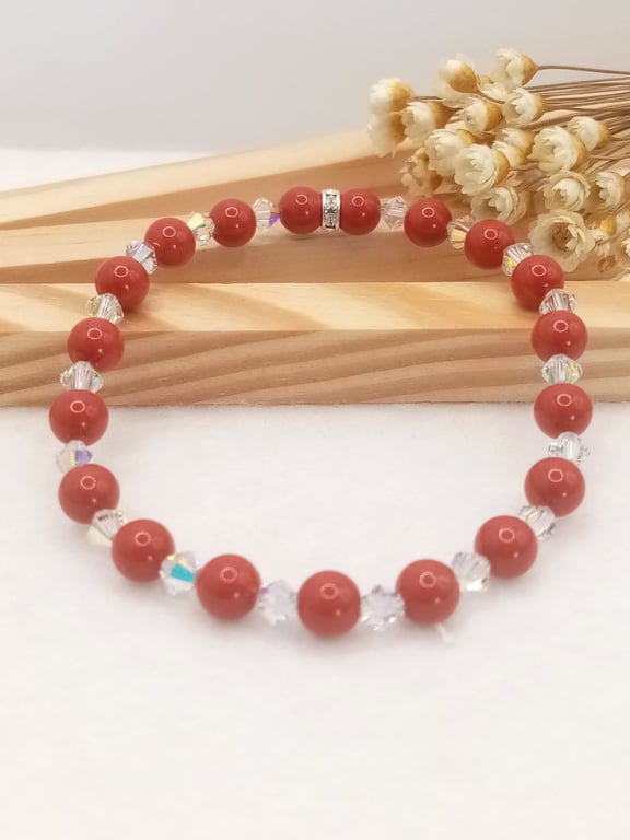 Stretch Bracelet - Cranberry Pearl & Crystal AB Bracelet with Diamanté Rondell
