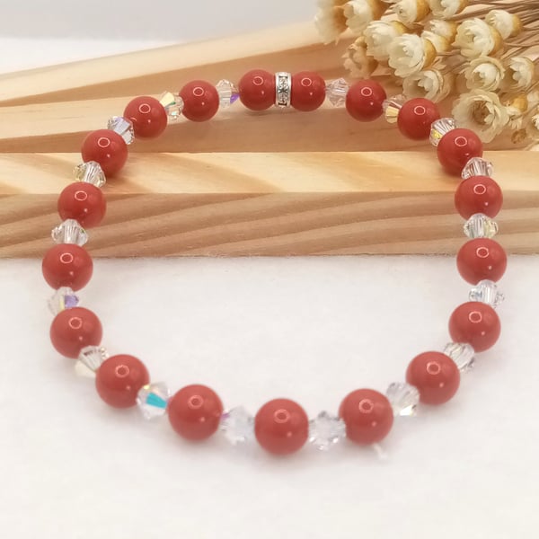 Stretch Bracelet - Cranberry Pearl & Crystal AB Bracelet with Diamanté Rondell