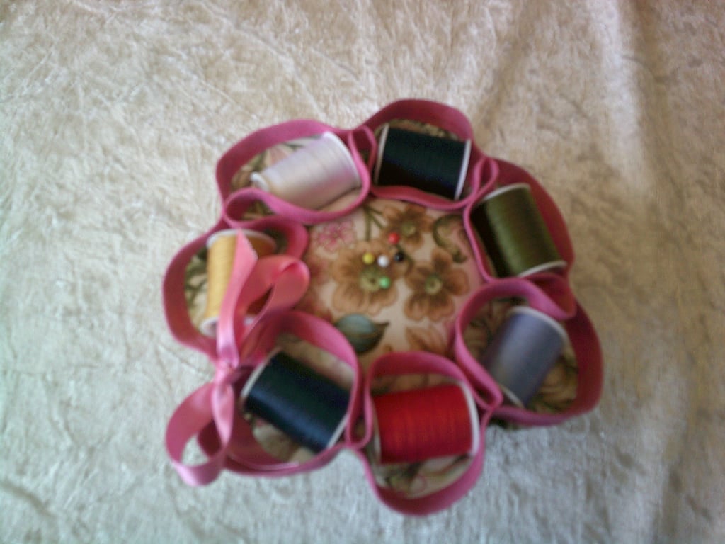 Pink, Blue and Beige Flowers on Cream Cotton Reel Pin Cushion and Needlecase