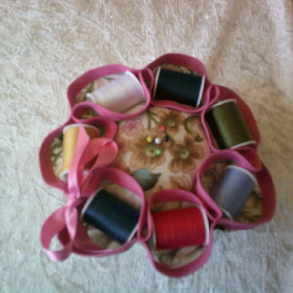 Pink, Blue and Beige Flowers on Cream Cotton Reel Pin Cushion and Needlecase