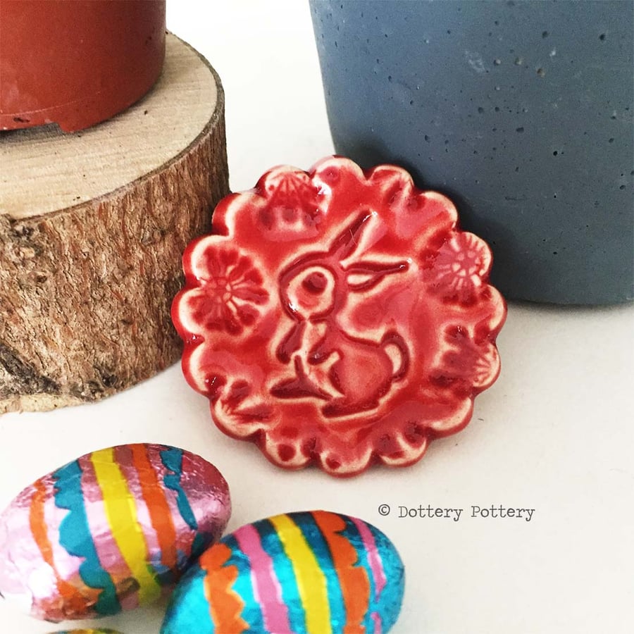 RED BUNNY  Teeny, tiny woodland dish, ring plate, Valentines Day, Easter