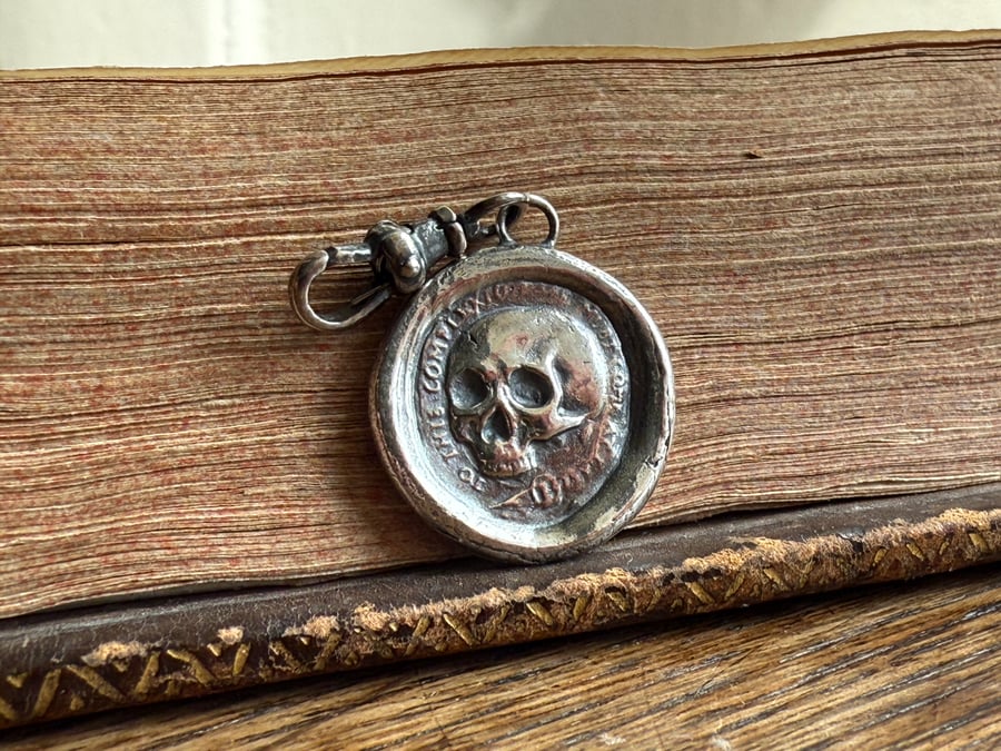 Double sided Memento Mori Wax Seal Clip On Skull and Hourglass Pendant 
