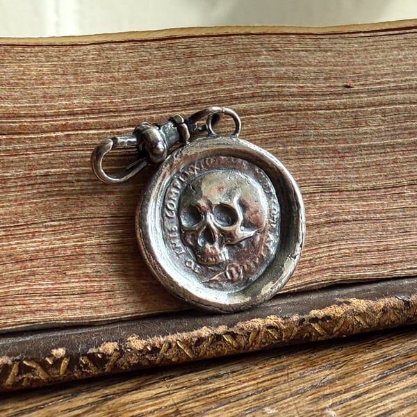Double sided Memento Mori Wax Seal Clip On Skull and Hourglass Pendant 