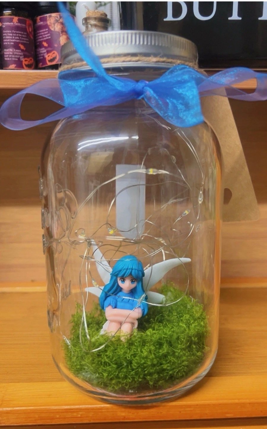 Fairy in jar ornament with labels and led lights 