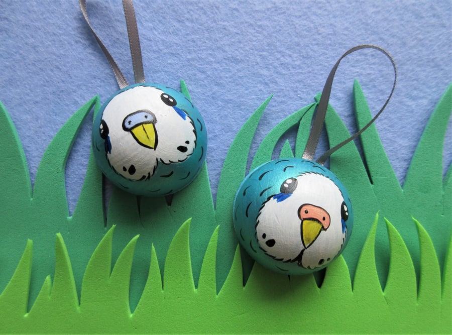 Budgie Bauble x 2 Blue Budgerigar Hanging Decoration Christmas Tree Ornament