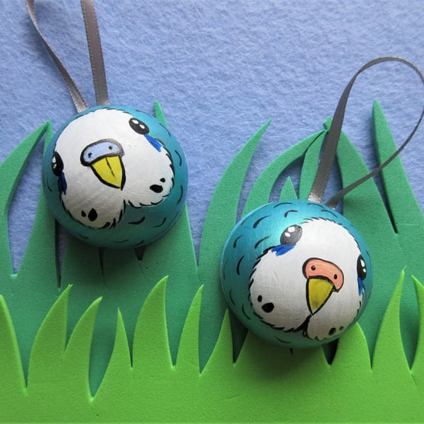 Budgie Bauble x 2 Blue Budgerigar Hanging Decoration Christmas Tree Ornament