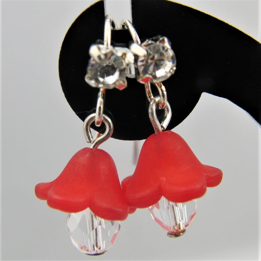Lucite Flower with Crystal Drop Bead Earrings for Pierced Ears, Gift for Her