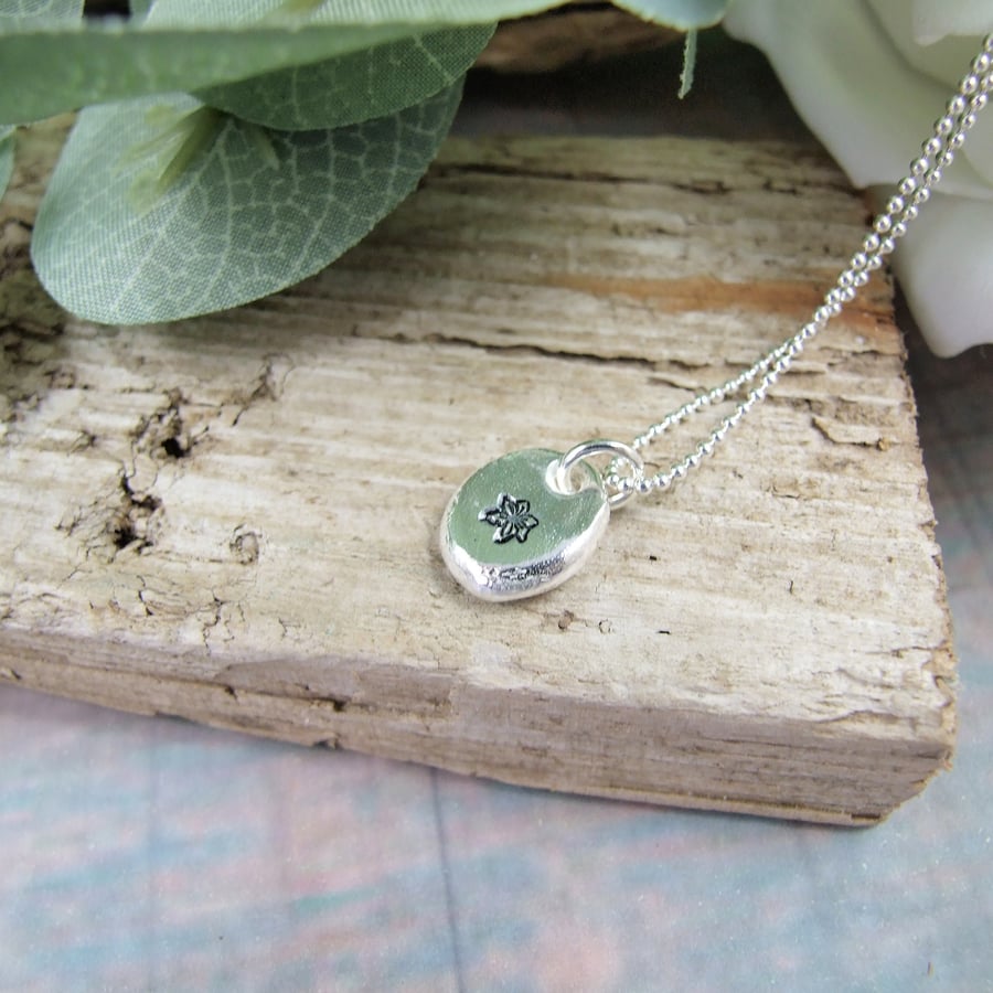 Silver Pebble Pendant with Daffodil, Recycled Silver Necklace