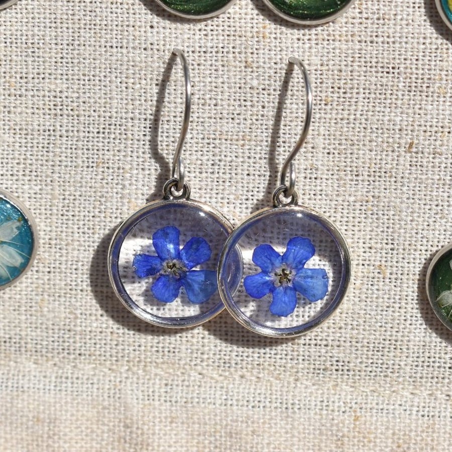 Blue Flower Resin Earrings, 304 Stainless Steel Hooks, Made in Scotland