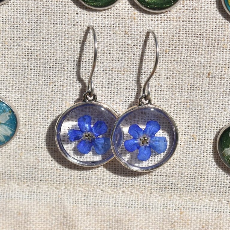 Blue Flower Resin Earrings, 304 Stainless Steel Hooks, Made in Scotland