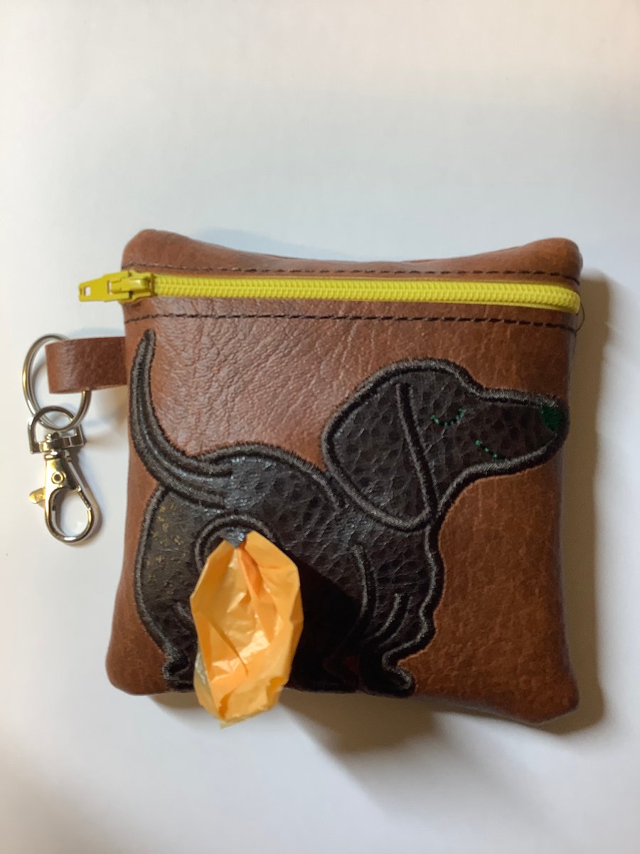 Lovely  Dachshund  Embroidered Tan  faux leather dog poo bag ,dog walking,