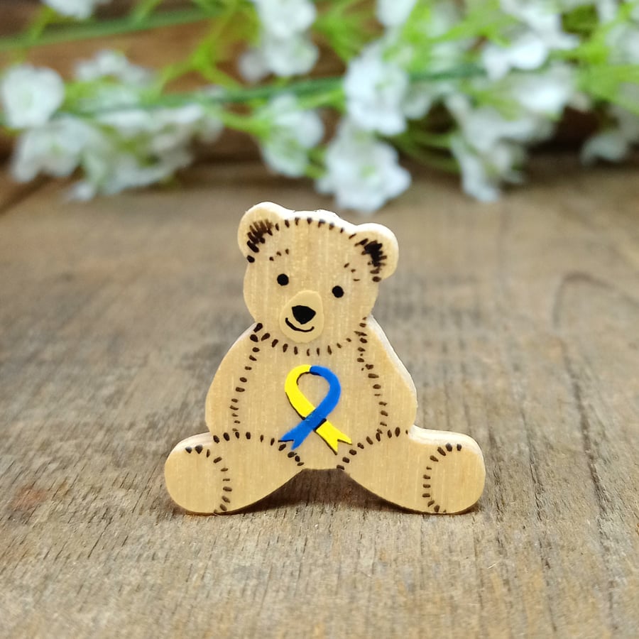 Down Syndrome Awareness Bear Badge, Handmade Support Ribbon Teddy Brooch