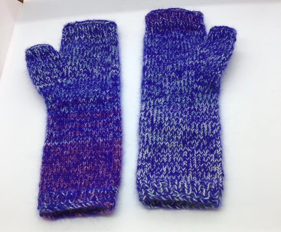 Fingerless Gloves Wrist Warmers Blue Purple Wool & Angora (ethically sourced)