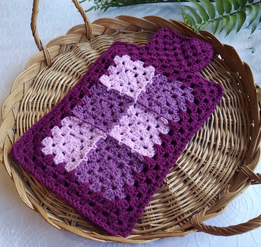  Crochet Hot Water Bottle Cover Patchwork Grape Purple 