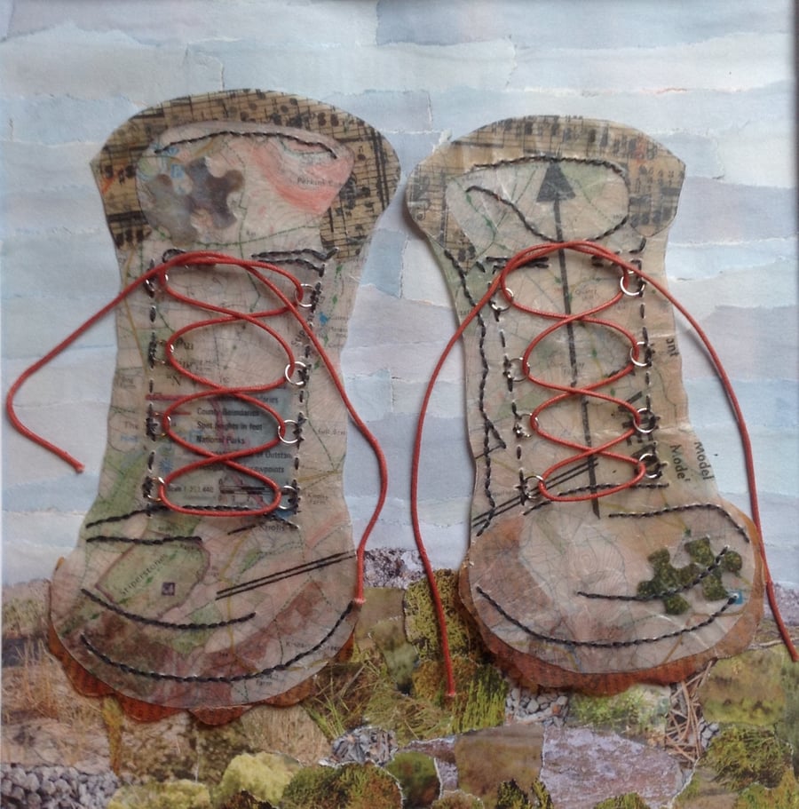 Walking Boots card, print of a mixed media collage