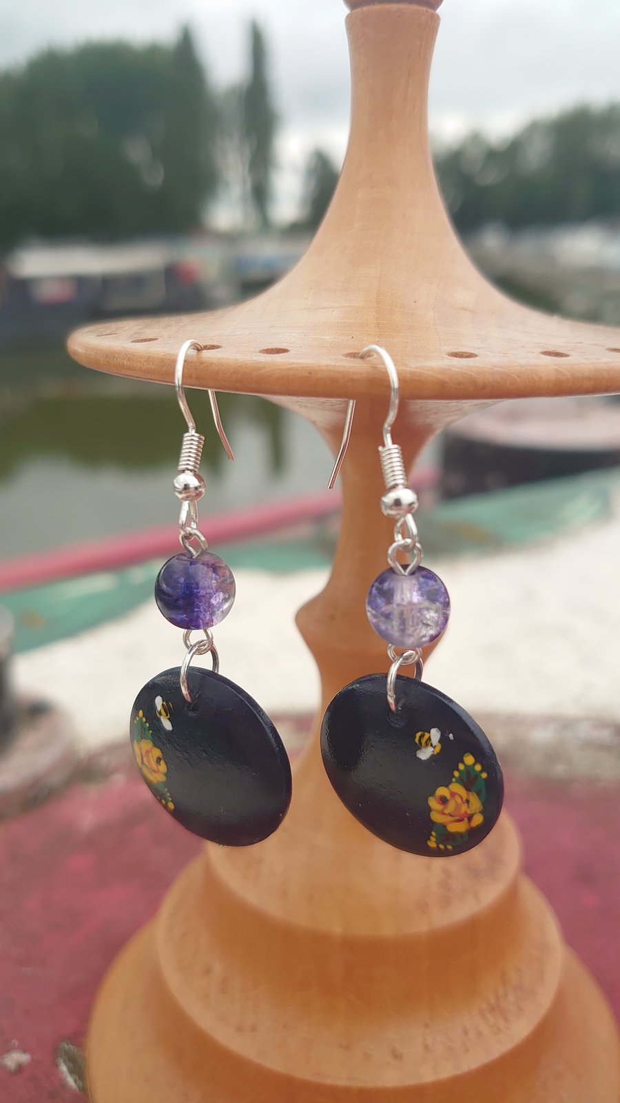 Hand painted Roses on Wooden Earrings
