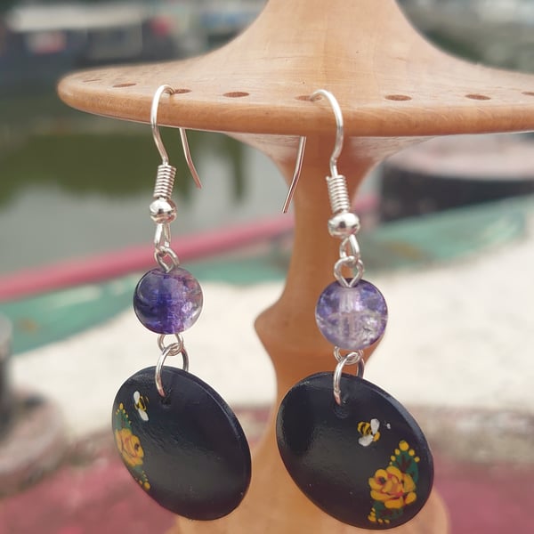 Hand painted Roses on Wooden Earrings