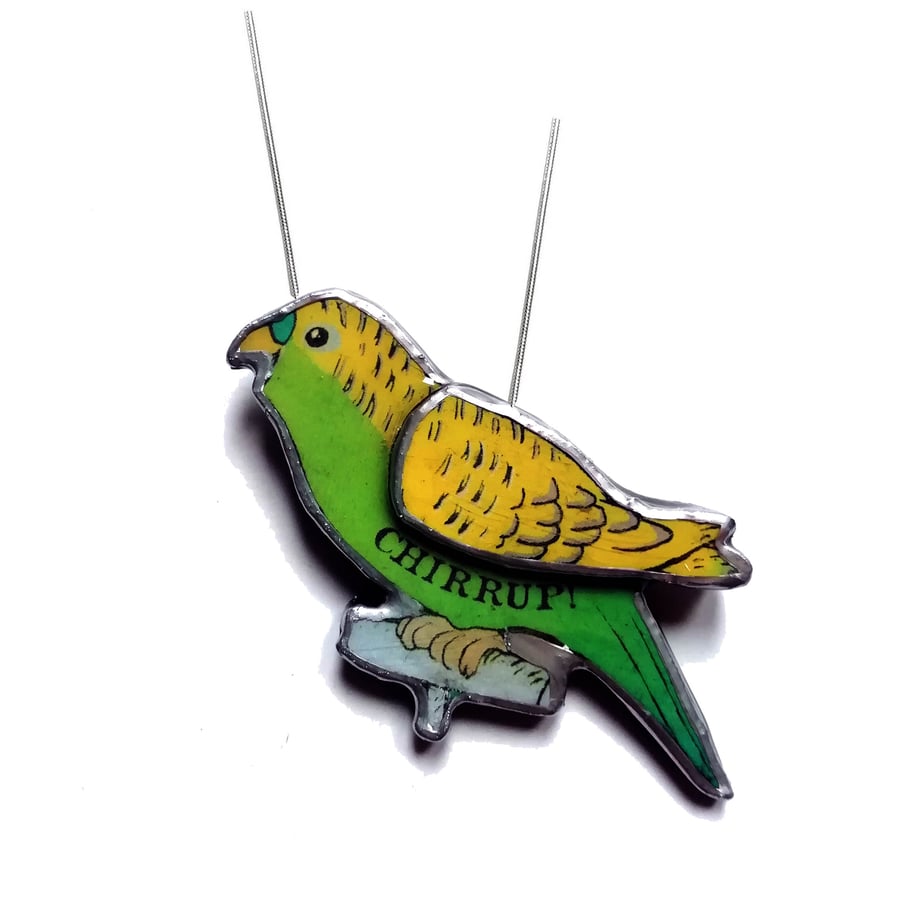 Wonderful Retro Green & Yellow Budgie Necklace by EllyMental