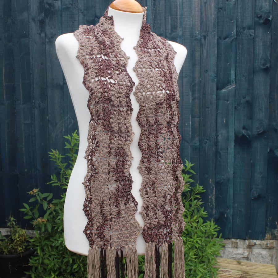 Crochet Stripey Scarf in Mahogany Brown