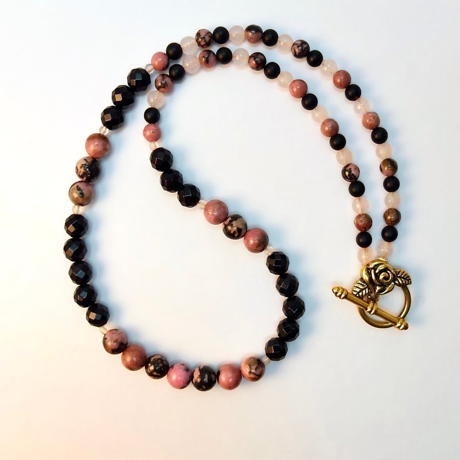 Rhodonite, Onyx And Rose Quartz Necklace - Handmade in Devon - Free UK P&P