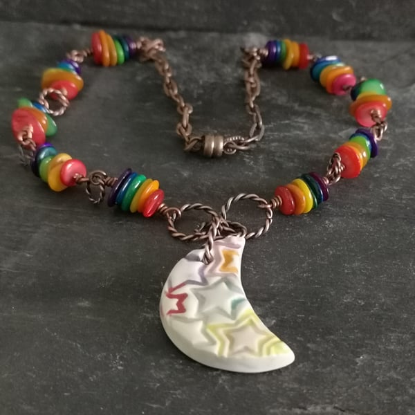 SALE Ceramic moon pendant with star pattern and rainbow shell beads