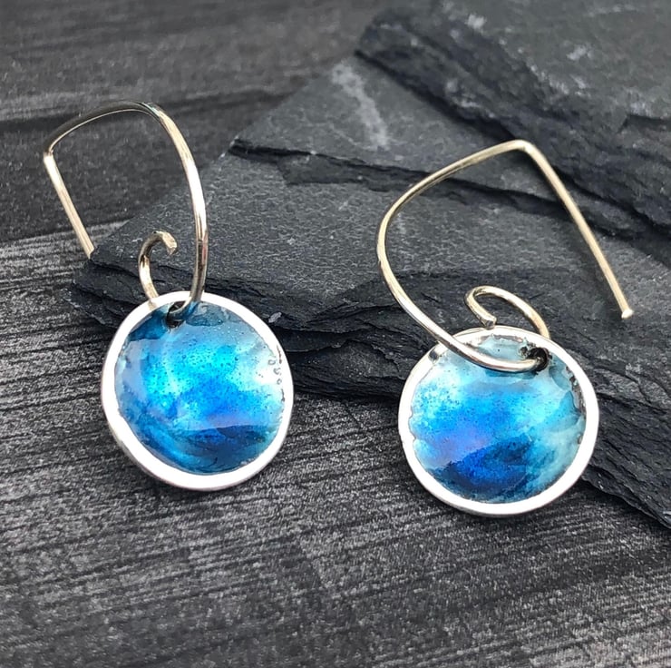 Blue Enamel Earrings, round blue earrings, enam... - Folksy
