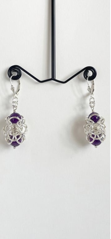 Sterling Silver Amethyst Ladies Dangle Drop Ornate Chainmaille Earrings
