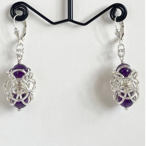 Sterling Silver Amethyst Ladies Dangle Drop Ornate Chainmaille Earrings