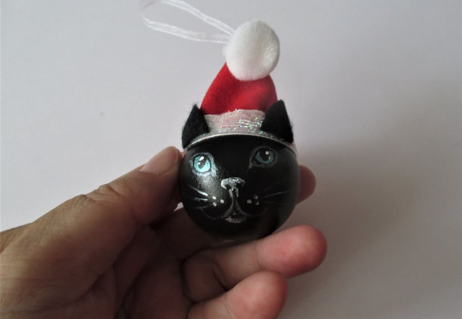Cat Christmas Tree Bauble Hanging Decoration Santa Hat Black and Red