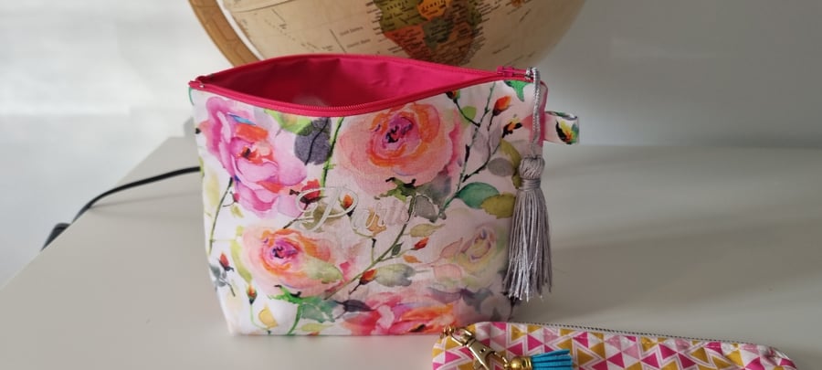 Watercolour pink zipped bag, make up bag, cotton bag