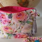 Watercolour pink zipped bag, make up bag, cotton bag