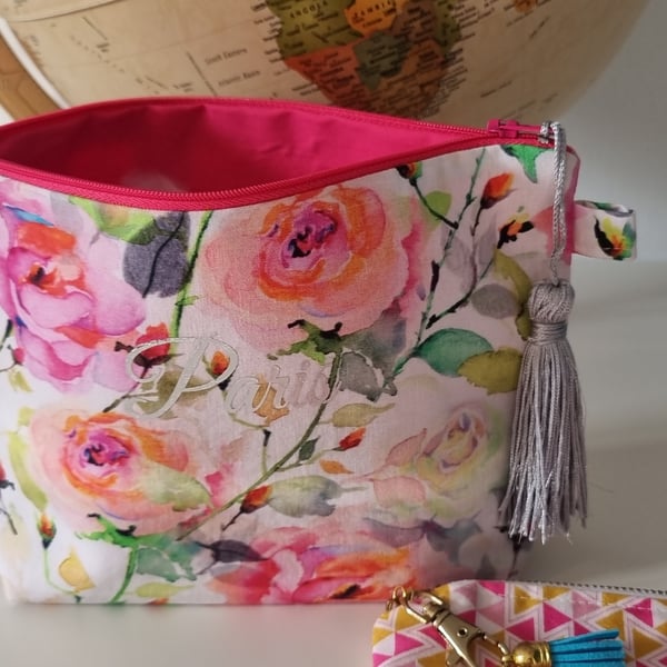 Watercolour pink zipped bag, make up bag, cotton bag