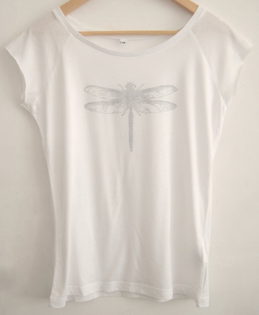 SALE Silver Dragonfly womens printed T shirt white bamboo and  organic cotton