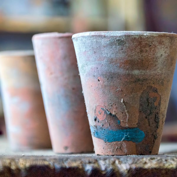 Three flower pots found in an old potting shed