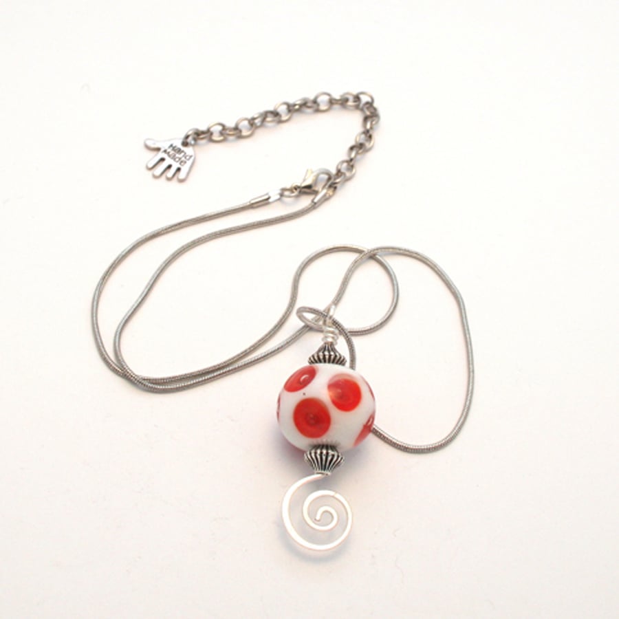 Red Polka Dot Lampwork Necklace - Glass Bead Wire Spiral Pendant