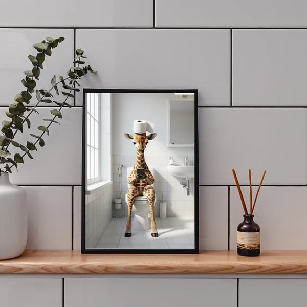 Funny bathroom print giraffe sat on the loo with a toilet roll on it head 