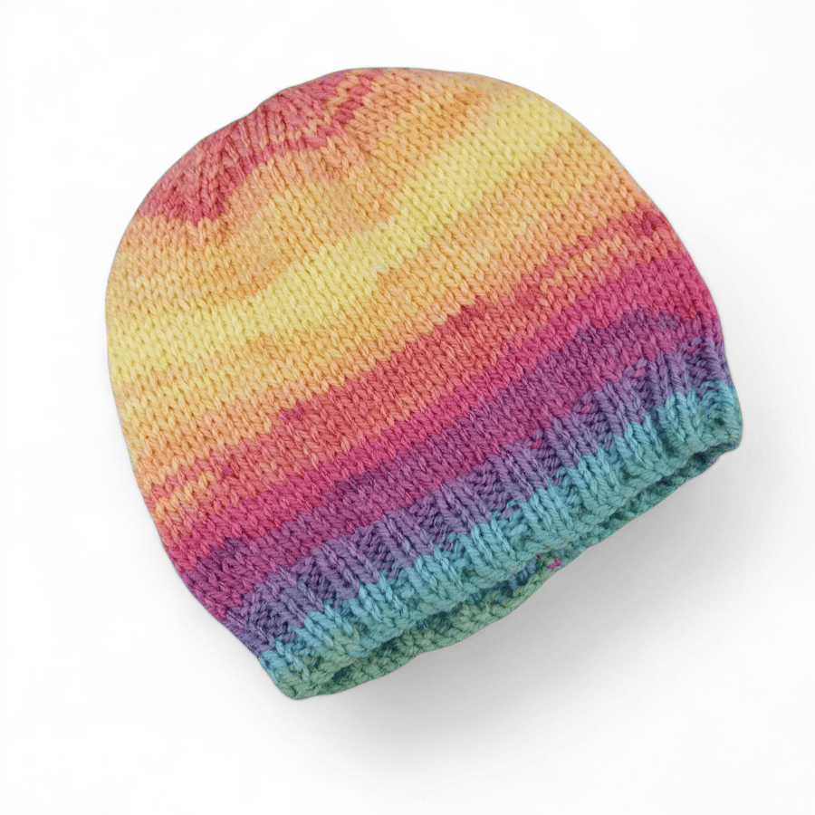 Multicoloured Hand Knitted Baby Hat for Winter, Rainbow 0-3 Months 