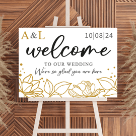 Wedding Gold Flowers Poster Wedding Welcome Sign Initials and Date Gloss Paper