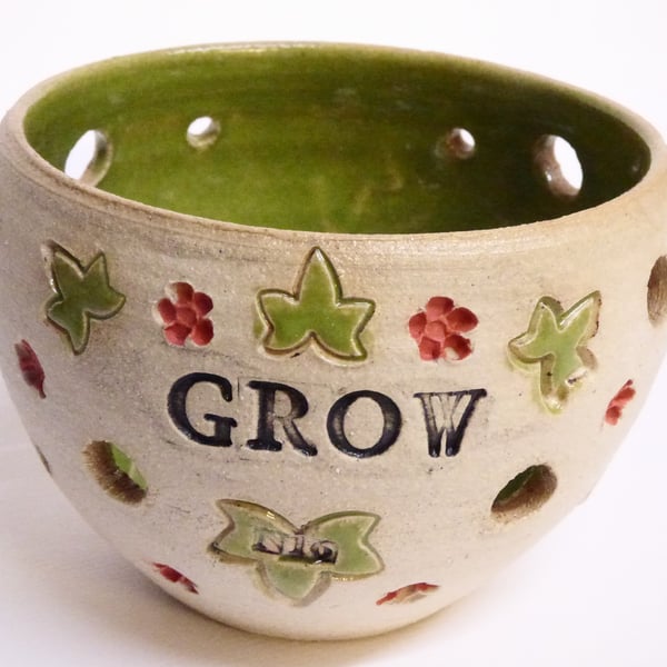 Tea light holder Wheel thrown "Grow" green.