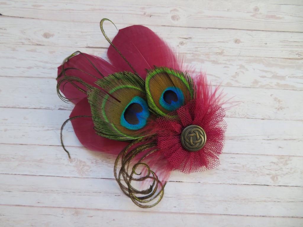 Burgundy Cranberry Red & Bronze Small Feather Celtic Button Hair or Hat Clip