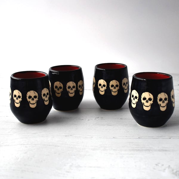 A202-4 Set of 4 Skulls wheel thrown pottery wine cup tumbler (Free UK postage)