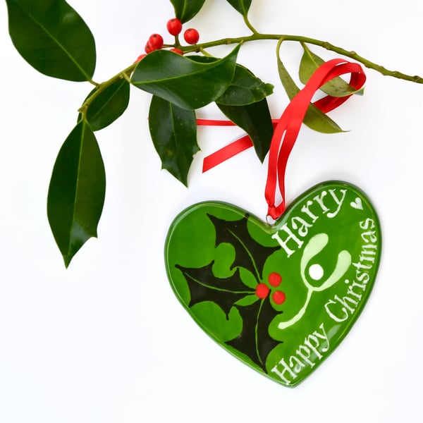 Personalised Holly and Mistletoe Heart - Hand Painted
