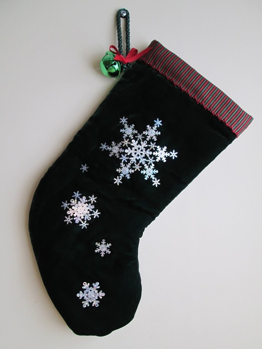 SALE - 'Snowflakes' Luxury Green Velvet Christmas Stocking