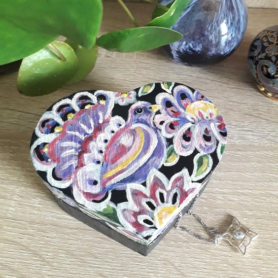 loveheart shaped wooden trinket box handpainted with ornamental bird & flowers. 