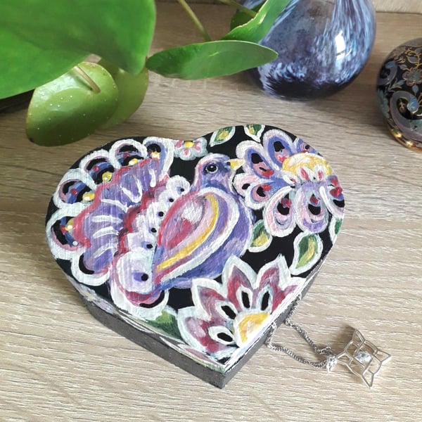 loveheart shaped wooden trinket box handpainted with ornamental bird & flowers. 