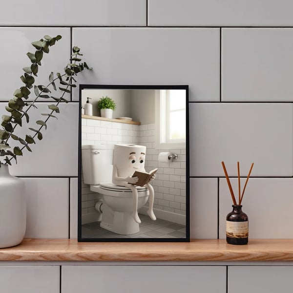 Quirky A4 wall art of a toilet roll sitting on the loo, reading a book