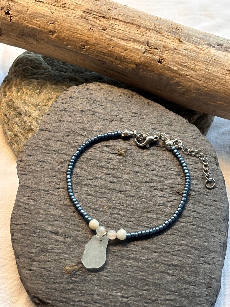 Bracelet -Seaglass, seed beads, agate and Amazonite