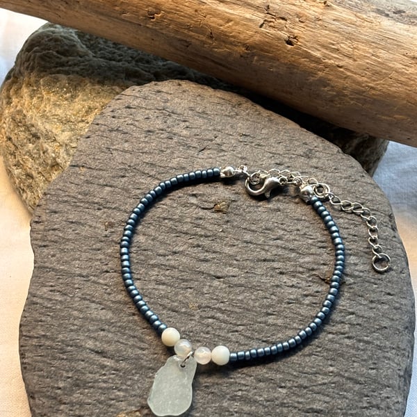 Bracelet -Seaglass, seed beads, agate and Amazonite