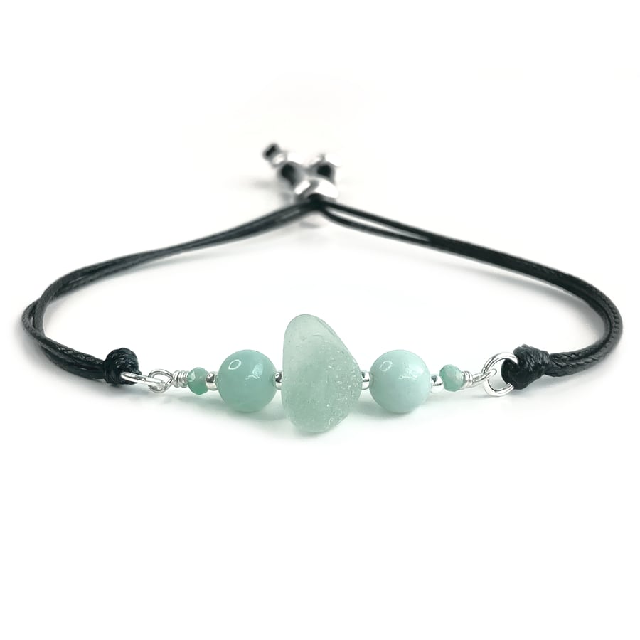 Sea Glass Bracelet. Sterling Silver & Green Amazonite Beads on Black Cord